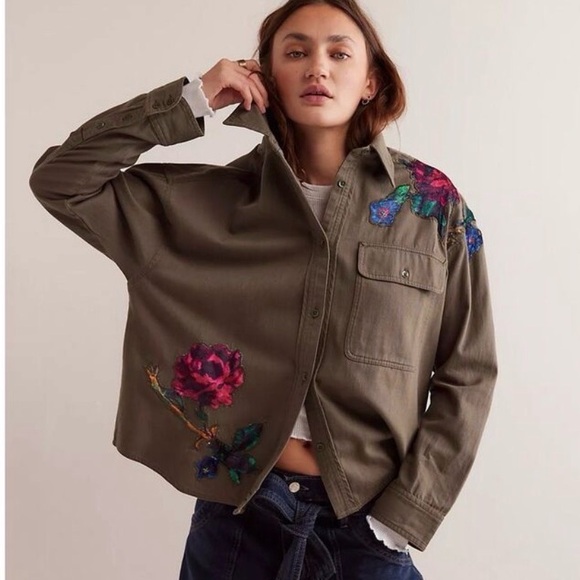 Free People Jackets & Blazers - Free People We The Free Velvet Rose Embroidered Utility Jacket Shacket NWT L